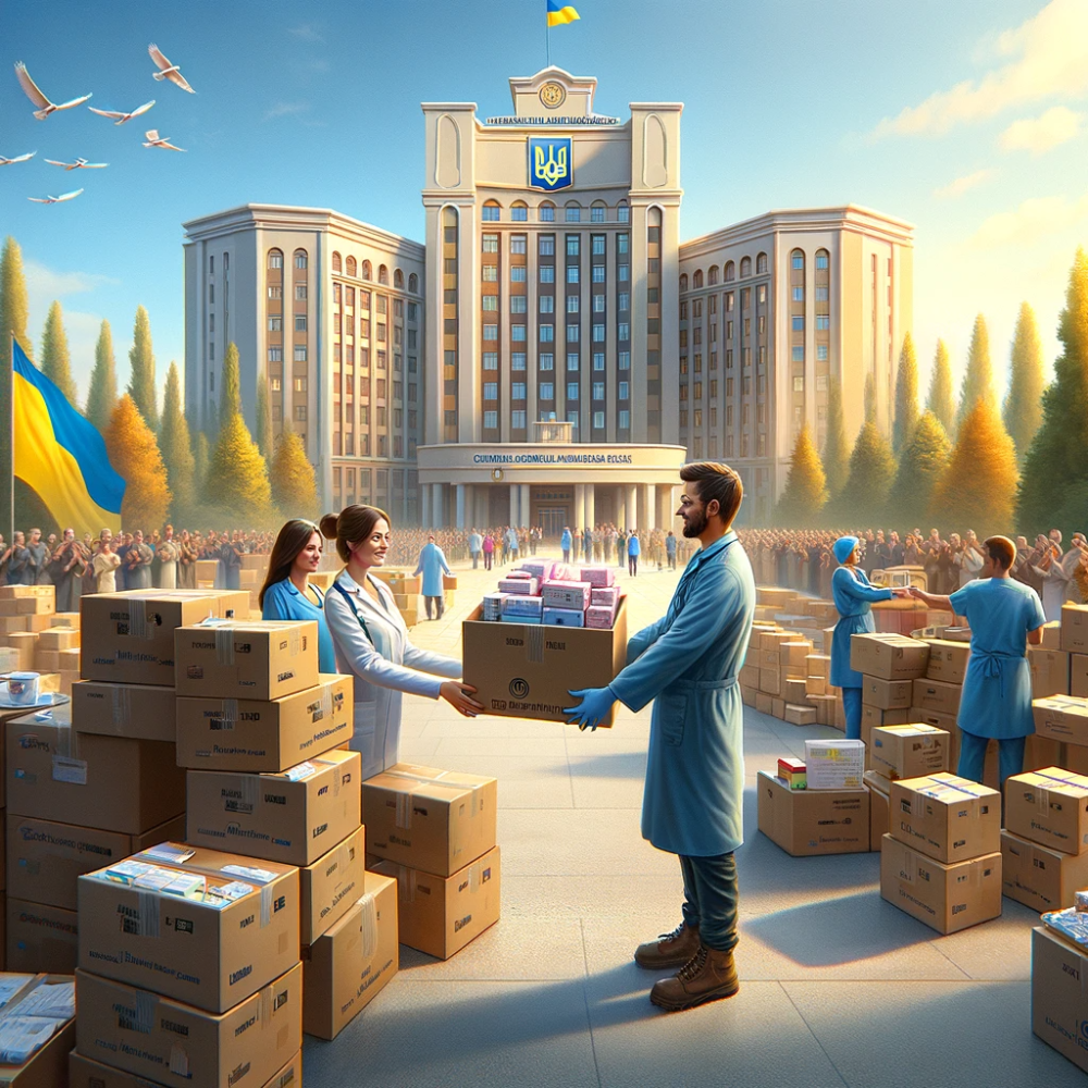 DALL·E 2024-01-02 22.55.00 - A realistic photograph of a humanitarian aid scene, showing boxes of medical supplies being delivered to the Ivano-Frankivsk Central City Clinical Hos