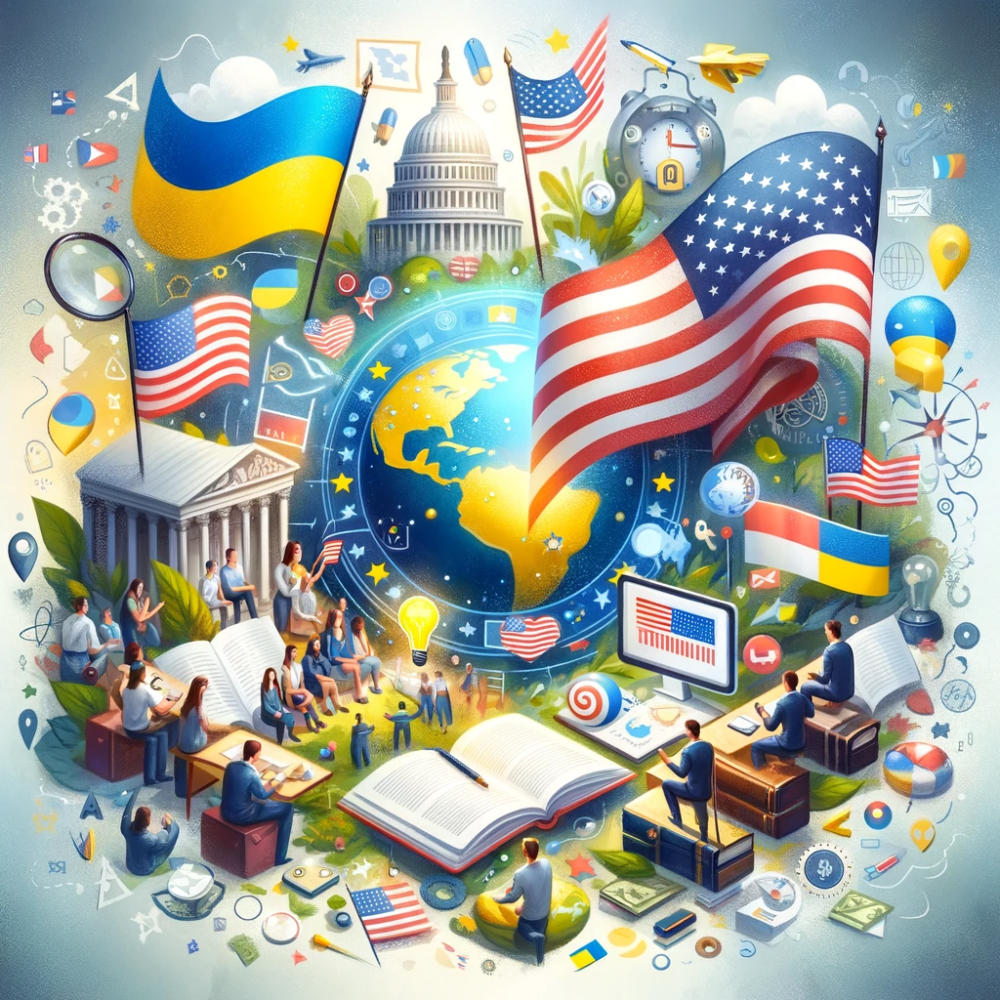 DALL·E 2024-01-02 23.16.35 - An image symbolizing a cross-cultural exchange and learning journey, featuring elements that represent Ukraine and the United States. The scene should