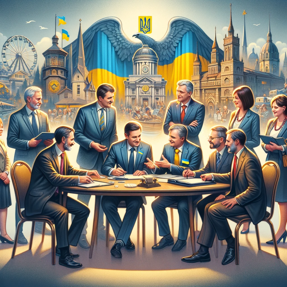 DALL·E 2024-01-06 22.51.05 - An image depicting a friendly meeting between Ukrainian and American officials in a professional setting, symbolizing the strengthening ties between L