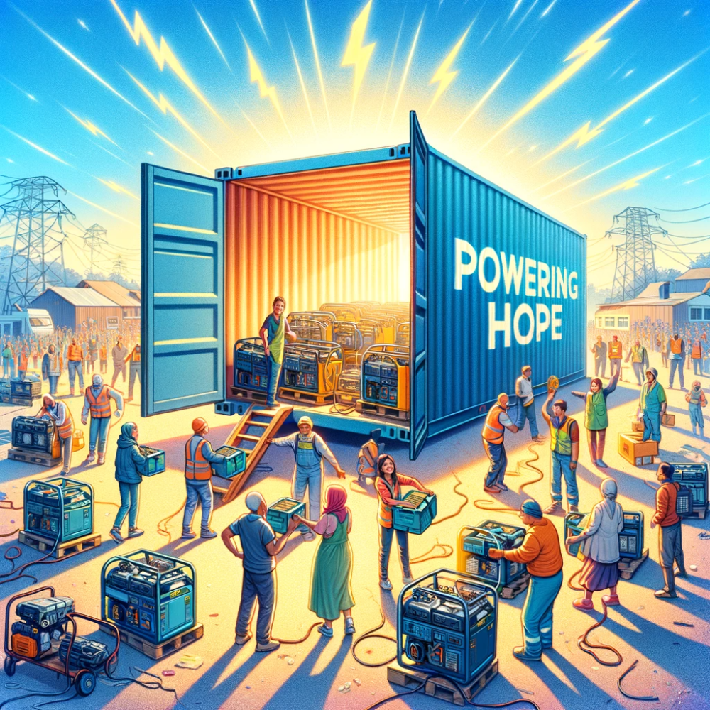 DALL·E 2024-01-07 13.00.14 - A vibrant and hopeful photo-style illustration for the 'Powering Hope' initiative, focusing on providing electrical generators to Ukraine. The scene i