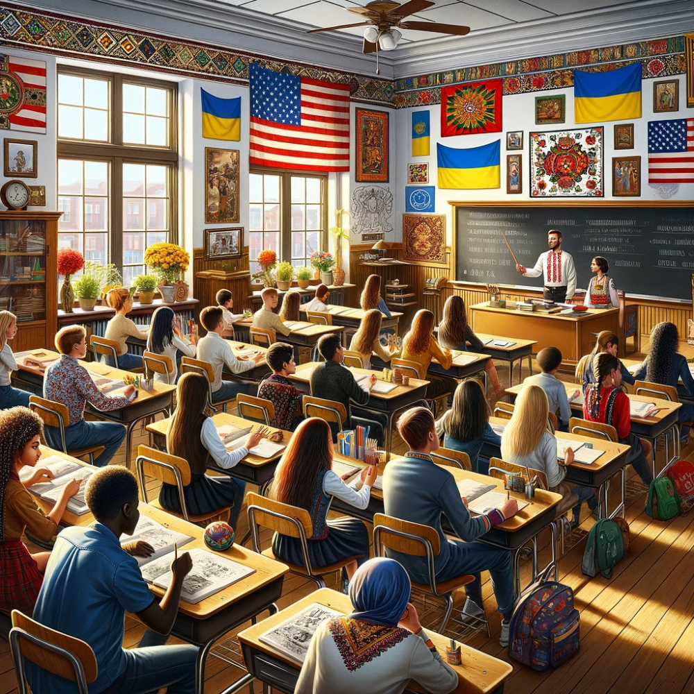 DALL·E 2024-01-07 13.25.08 - A realistic photo-style illustration of a typical American public school classroom, subtly integrated with Ukrainian cultural elements, without any fl
